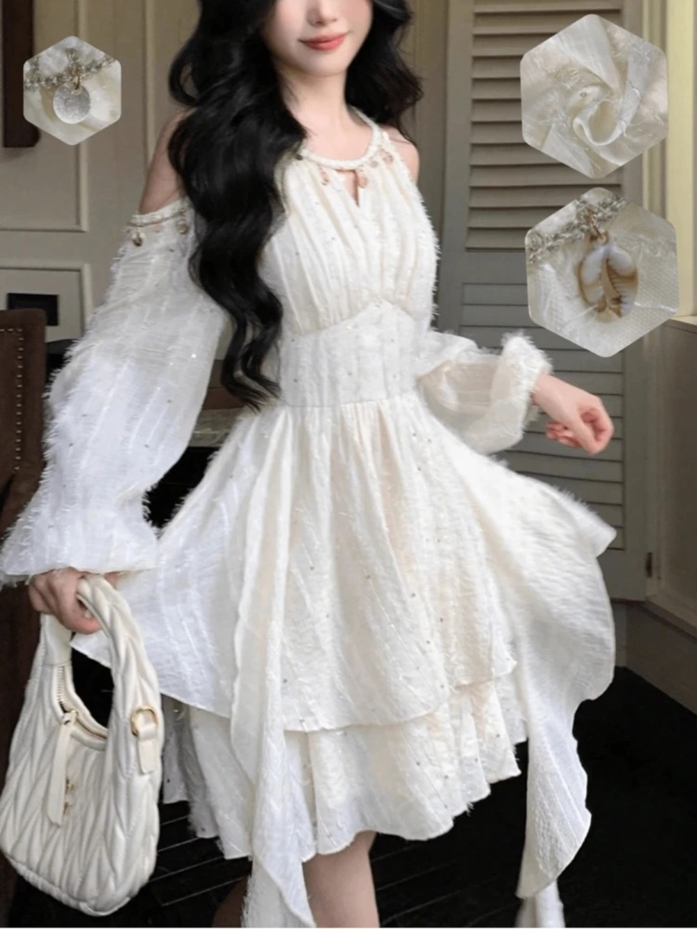 Elegant Cream Cold-Shoulder Layered Dress - Picture 5 of 8
